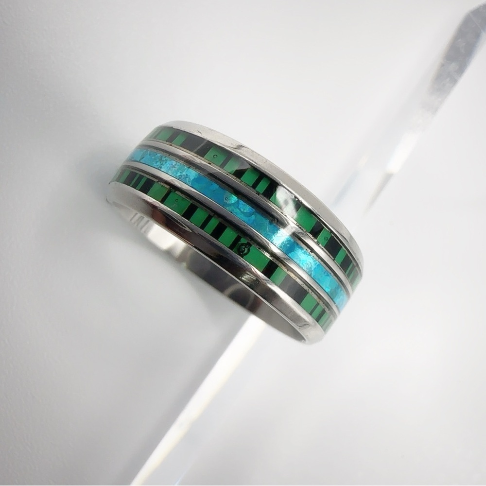 Stainless Steel Ring with Green and Blue Inlay - Picture 3 of 17